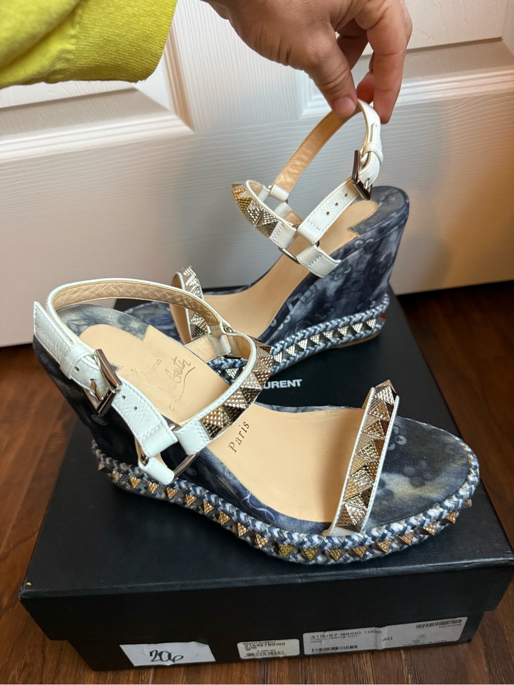Christian Louboutin Pyraclou 110mm denim wedge sandals SZ 37 - Picture 5 of 8